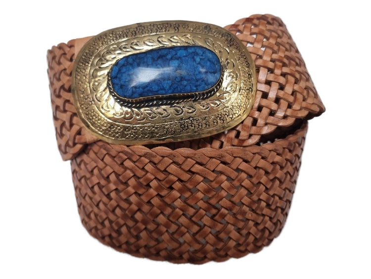 Handwoven Leather Western Belt: Tan Brown Boho Waist Belt with Blue Stone Buckle