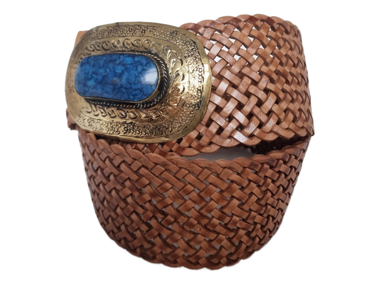 Handwoven Leather Western Belt: Tan Brown Boho Waist Belt with Blue Stone Buckle