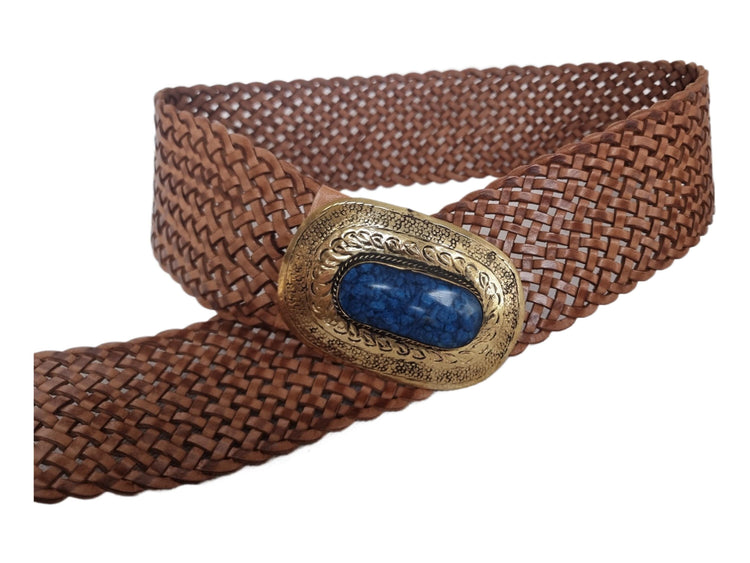 Handwoven Leather Western Belt: Tan Brown Boho Waist Belt with Blue Stone Buckle