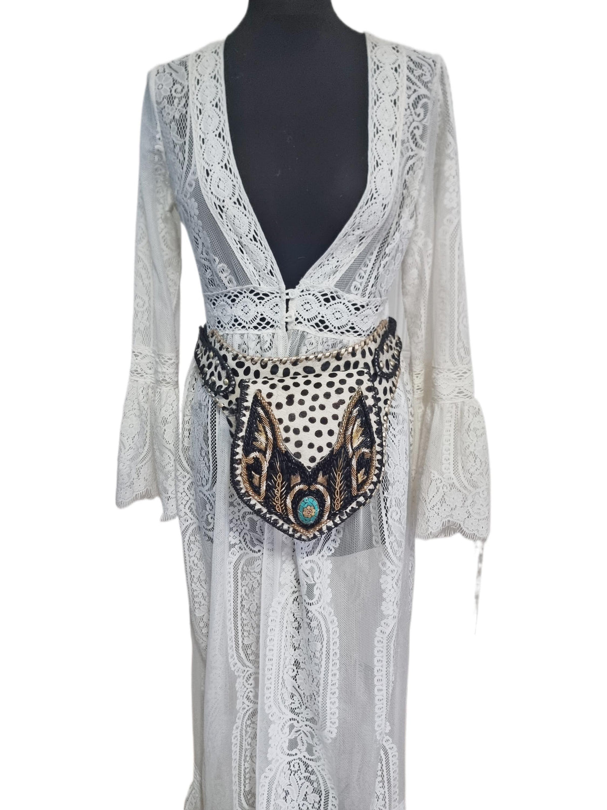 Beaded Cowhide Fanny Pack: Leopard Print Leather Belt Bag with Turquoise Stone