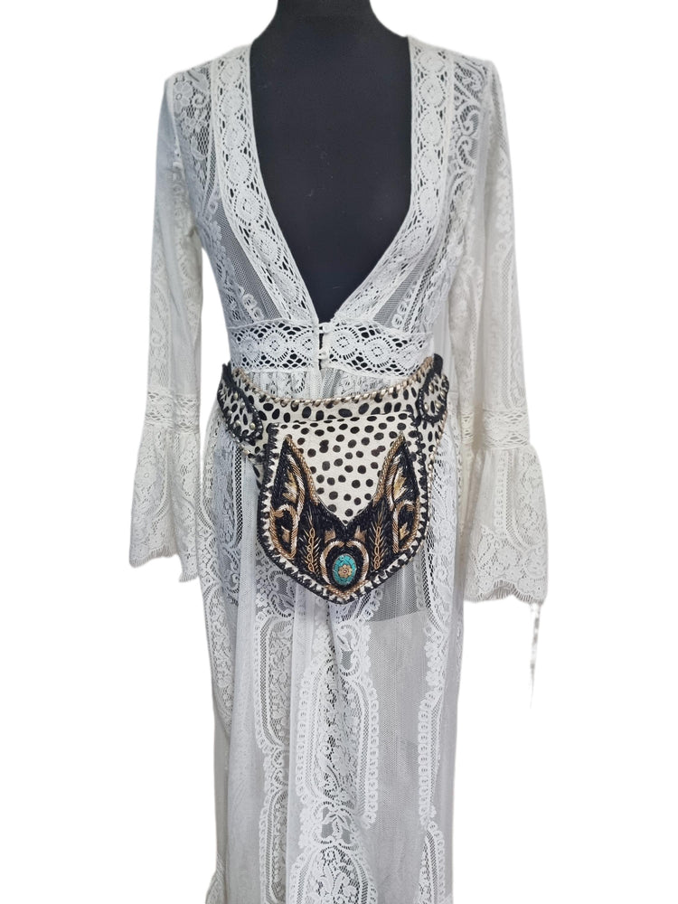 Beaded Cowhide Fanny Pack: Leopard Print Leather Belt Bag with Turquoise Stone