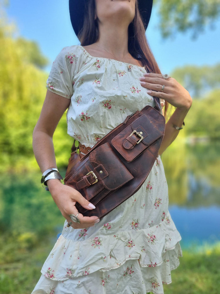 Handmade Dark Brown Leather Chest Bag: Unisex Sling Fanny Pack
