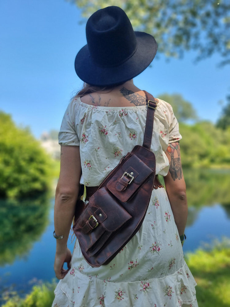 Handmade Dark Brown Leather Chest Bag: Unisex Sling Fanny Pack