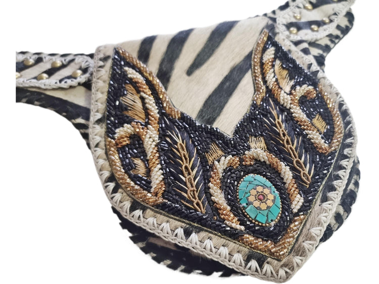 Zebra Cowhide Fanny Pack: Beaded Boho Leather Crossbody Sling