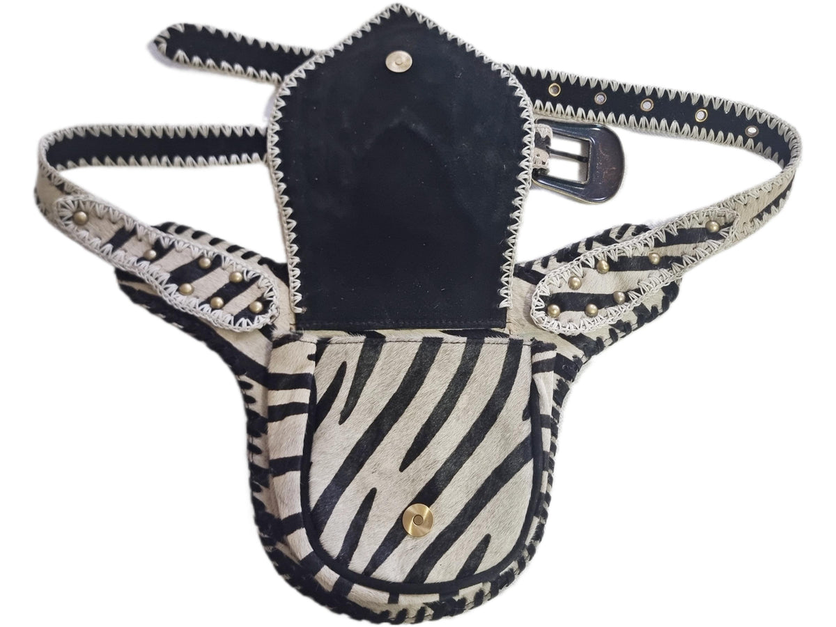 Zebra Cowhide Fanny Pack: Beaded Boho Leather Crossbody Sling