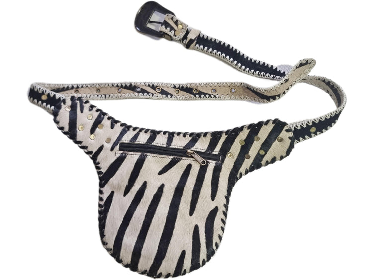 Zebra Cowhide Fanny Pack: Beaded Boho Leather Crossbody Sling