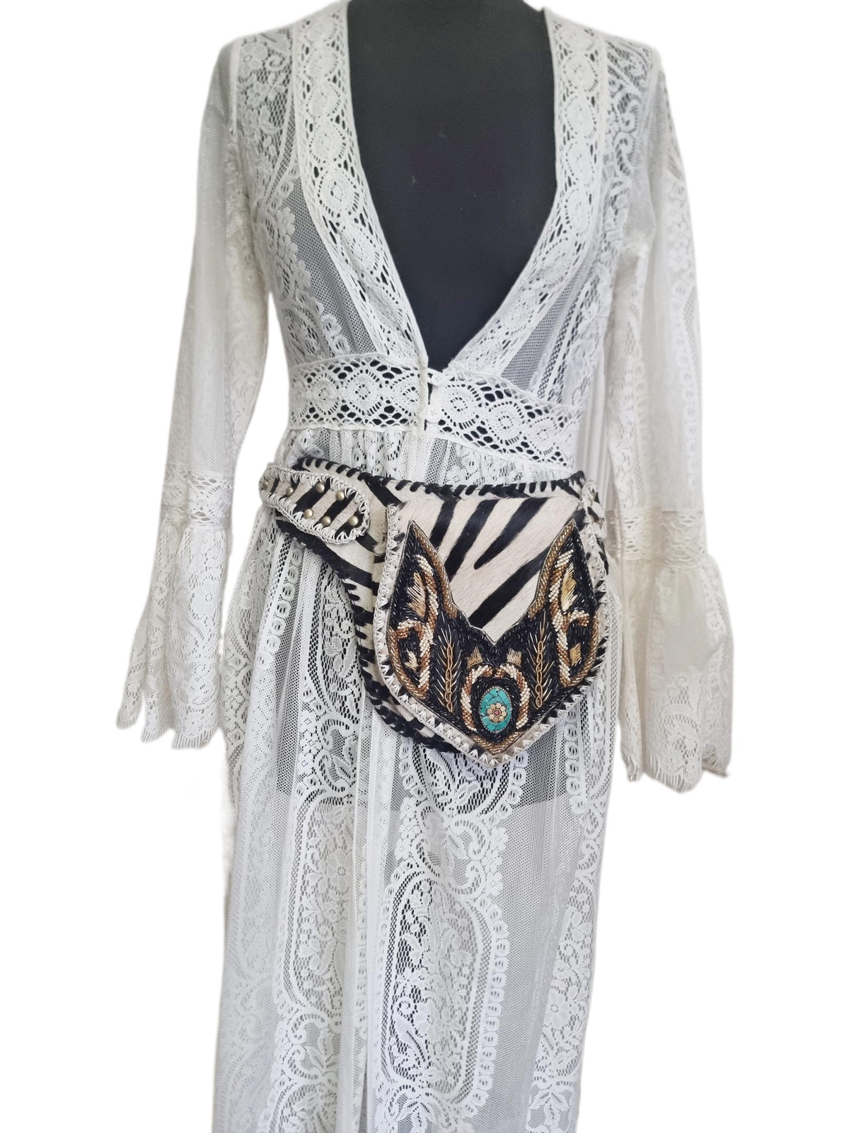 Zebra Cowhide Fanny Pack: Beaded Boho Leather Crossbody Sling