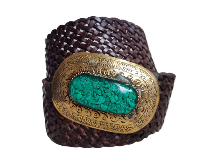 Boho Wide Leather Obi Belt: Engraved Western Buckle, Emerald Green Stone