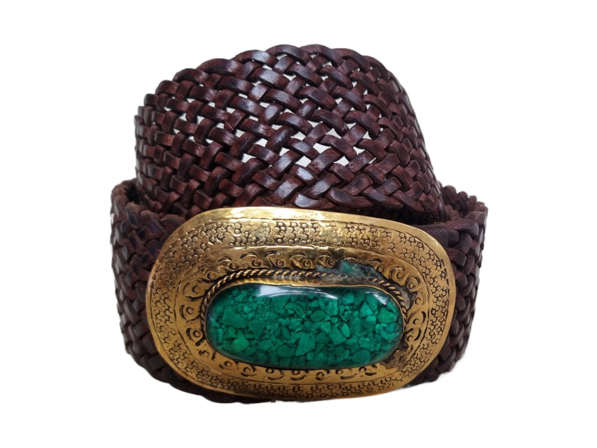 Boho Wide Leather Obi Belt: Engraved Western Buckle, Emerald Green Stone