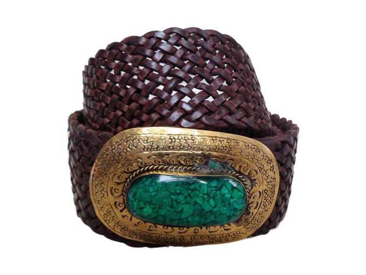 Boho Wide Leather Obi Belt: Engraved Western Buckle, Emerald Green Stone