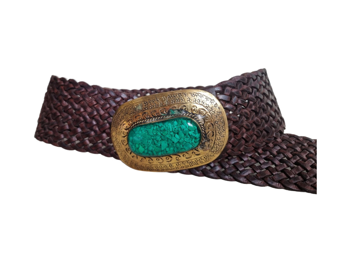 Boho Wide Leather Obi Belt: Engraved Western Buckle, Emerald Green Stone