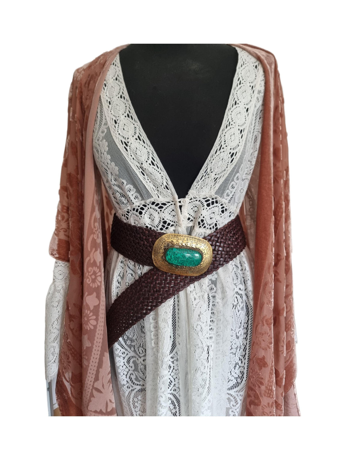 Boho Wide Leather Obi Belt: Engraved Western Buckle, Emerald Green Stone
