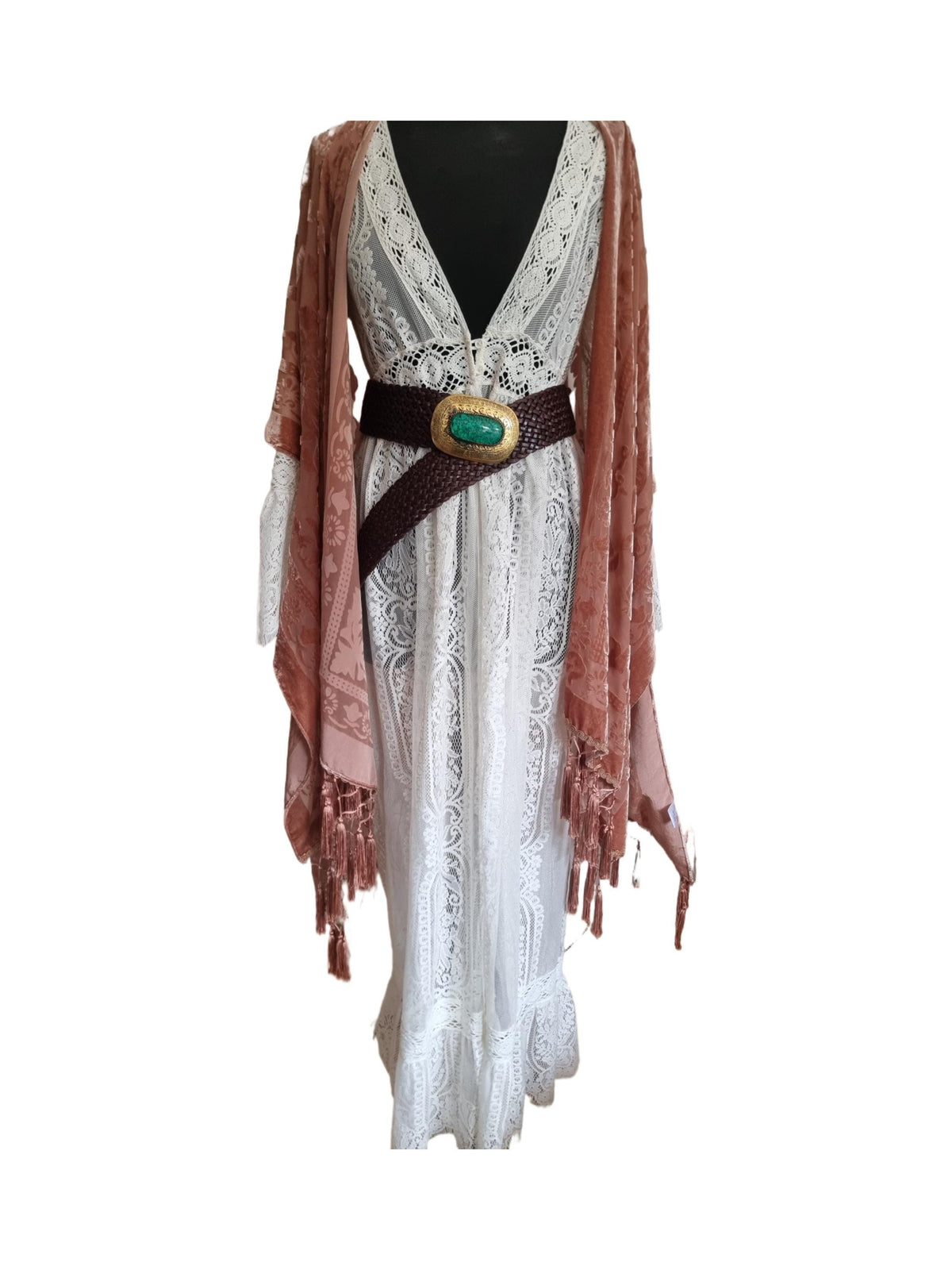 Boho Wide Leather Obi Belt: Engraved Western Buckle, Emerald Green Stone