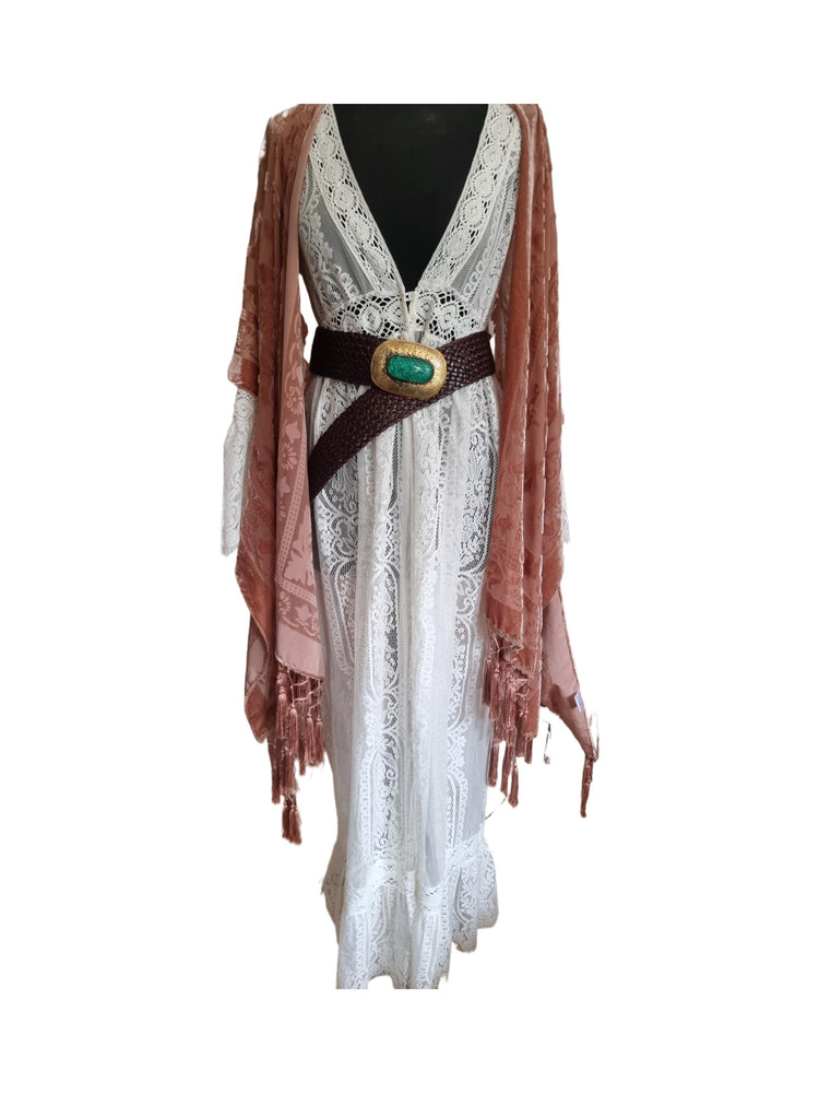 Boho Wide Leather Obi Belt: Engraved Western Buckle, Emerald Green Stone