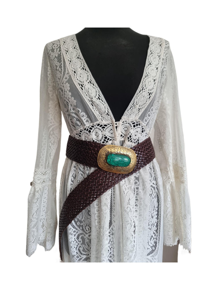 Boho Wide Leather Obi Belt: Engraved Western Buckle, Emerald Green Stone
