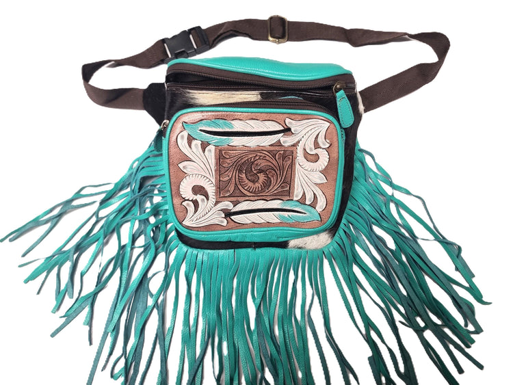Hand Tooled Leather Fanny Pack: Turquoise Cowhide Fringe, Southwestern Style