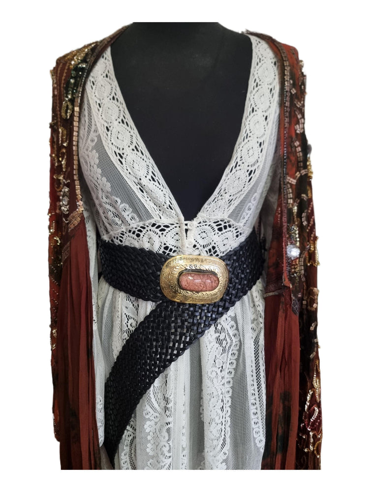 Boho Wide Leather Waist Belt: Pink Stone Western Buckle