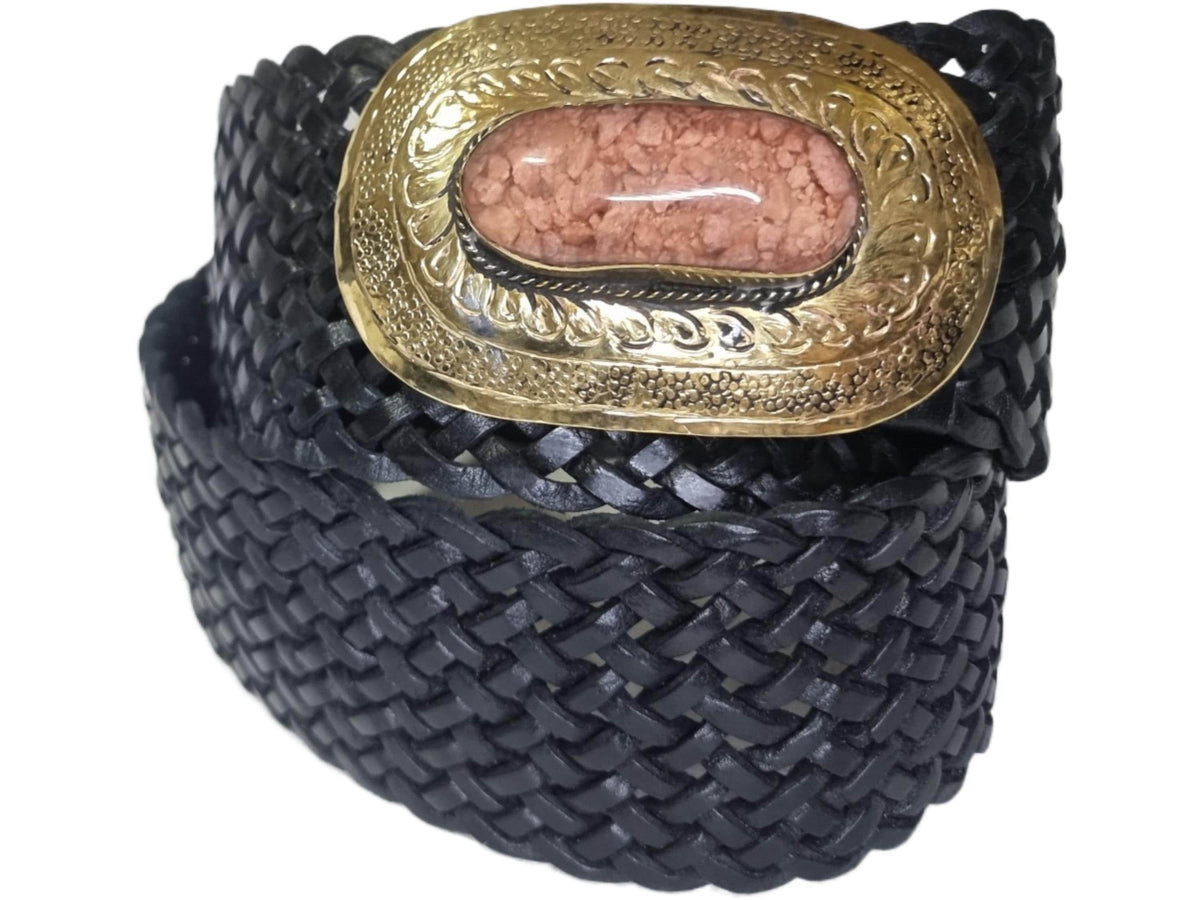 Boho Wide Leather Waist Belt: Pink Stone Western Buckle