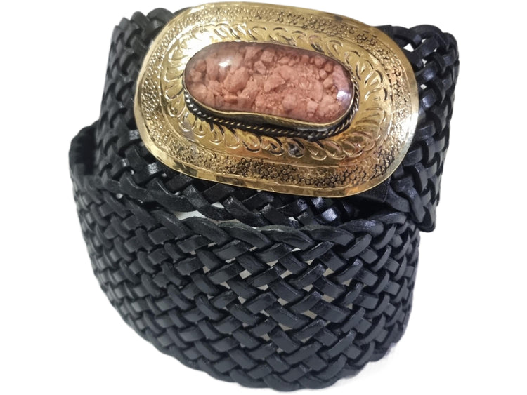 Boho Wide Leather Waist Belt: Pink Stone Western Buckle