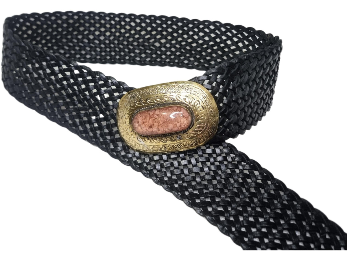 Boho Wide Leather Waist Belt: Pink Stone Western Buckle