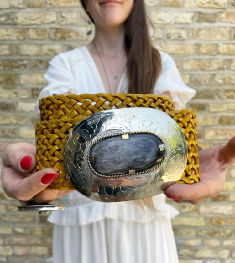 Wide Braided Leather Belt: Boho Western Buckle with Stone