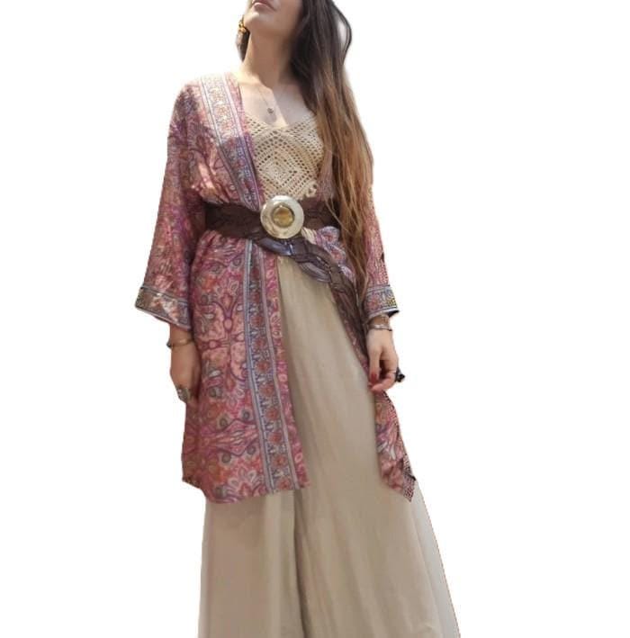 Boho Silk Kimono Jacket: Flared Sleeves, Beach Cover Up