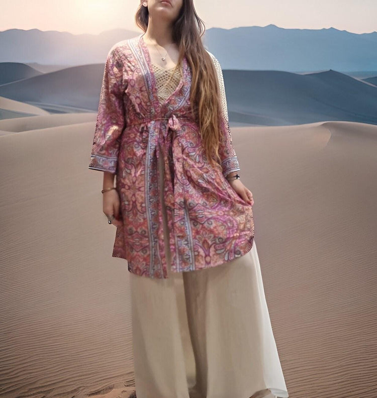Boho Silk Kimono Jacket: Flared Sleeves, Beach Cover Up