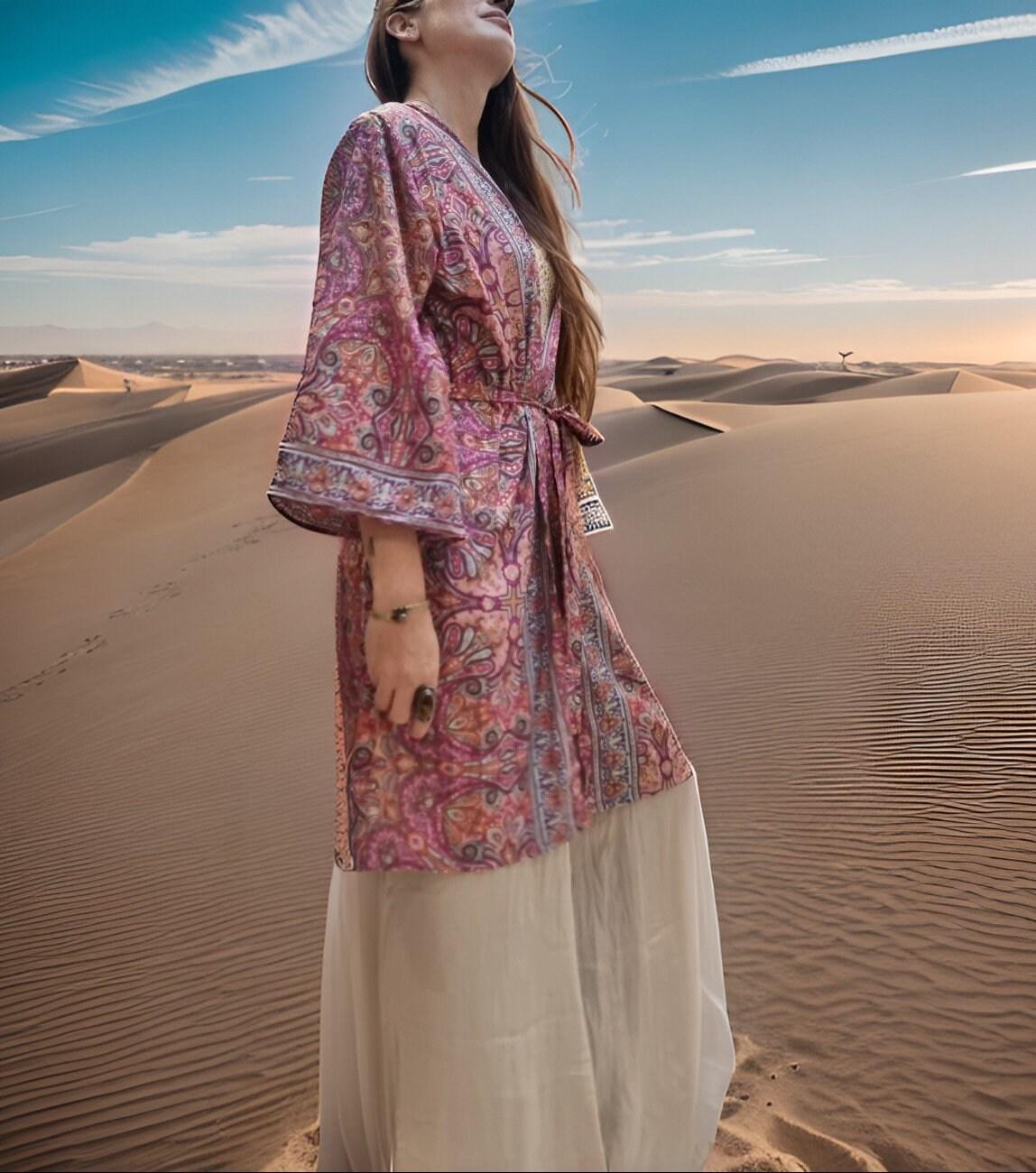 Boho Silk Kimono Jacket: Flared Sleeves, Beach Cover Up