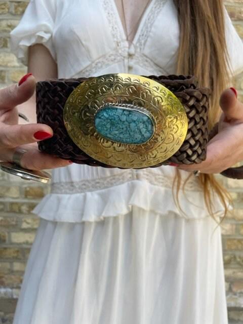 Wide Braided Leather Belt: Boho Western Buckle with Stone