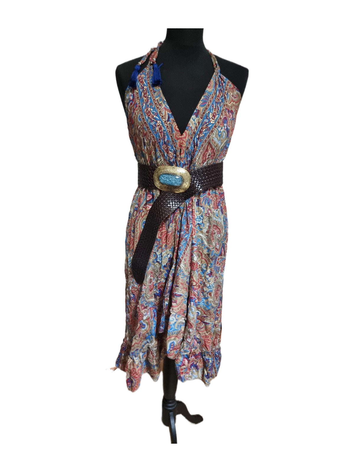 Strappy Sleeveless Silk Summer Dress, Open Back Midi Dress, Boho Paisley Pattern