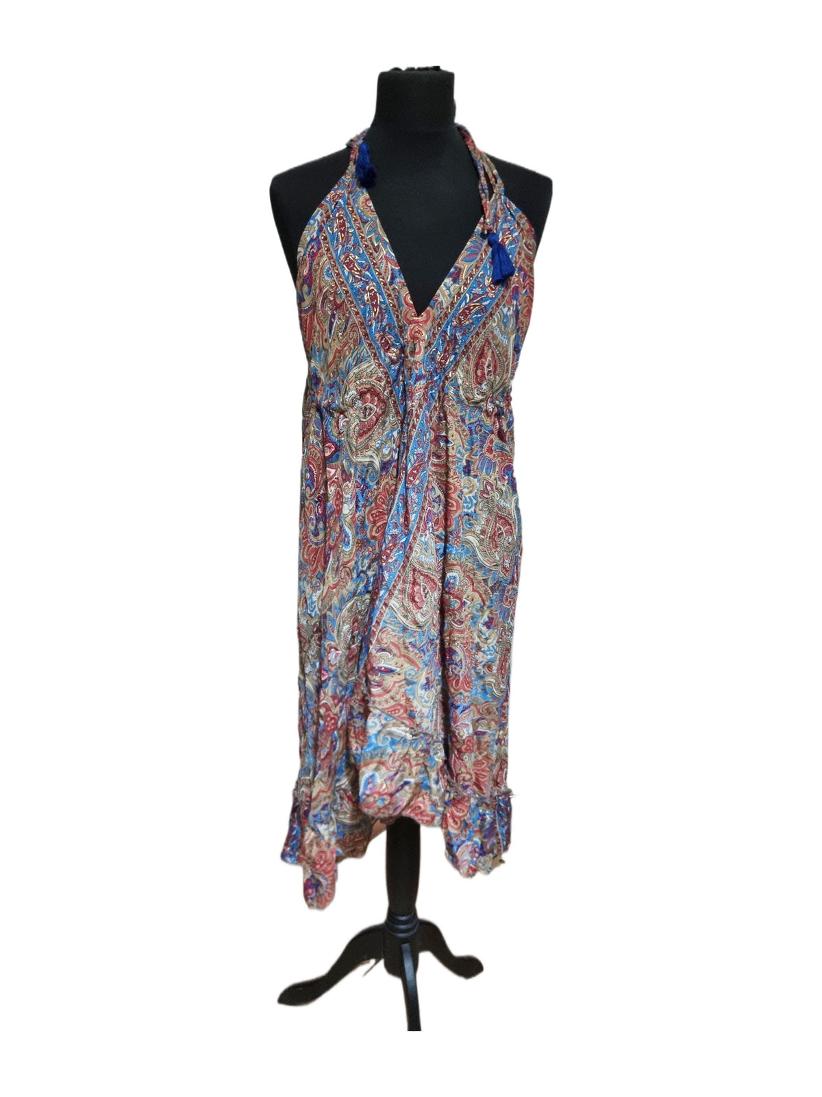 Strappy Sleeveless Silk Summer Dress, Open Back Midi Dress, Boho Paisley Pattern