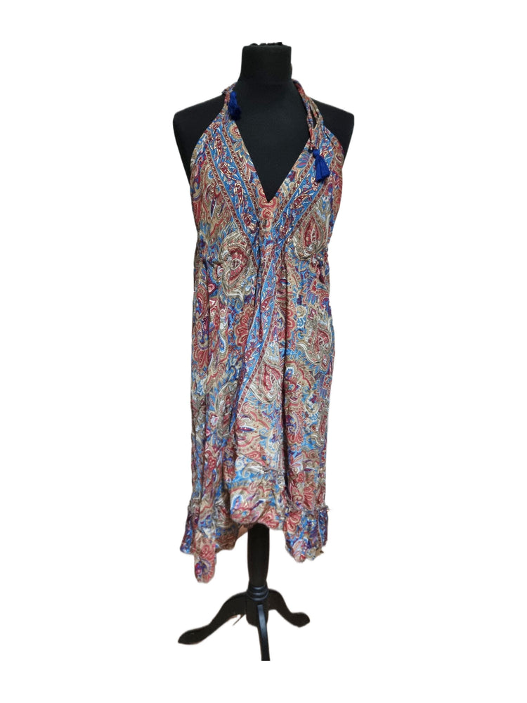 Strappy Sleeveless Silk Summer Dress, Open Back Midi Dress, Boho Paisley Pattern