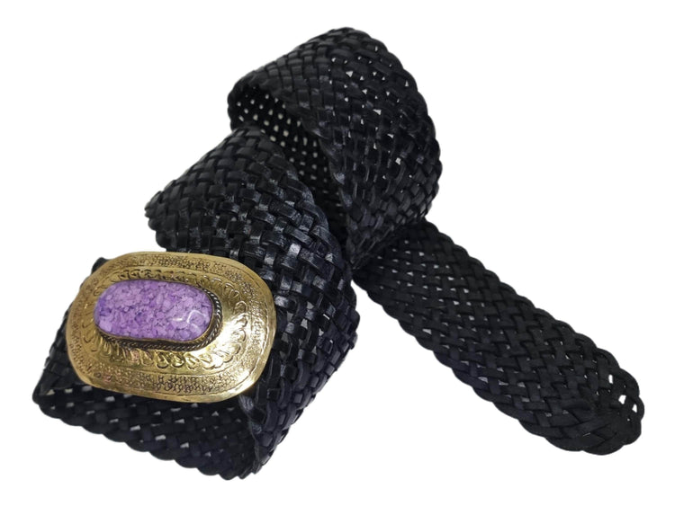 Braided Black Leather Belt: Western Silver Buckle, Boho Waist Belt