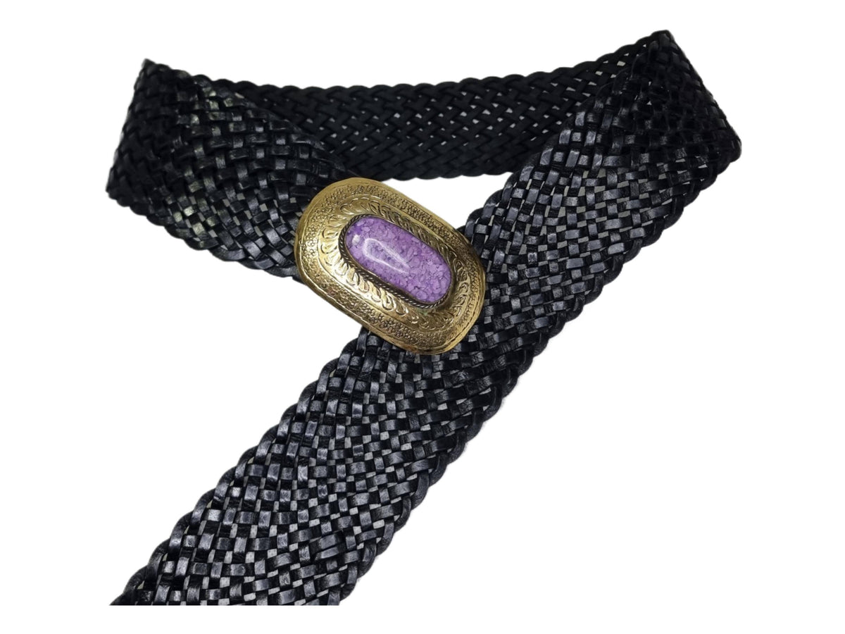 Braided Black Leather Belt: Western Silver Buckle, Boho Waist Belt