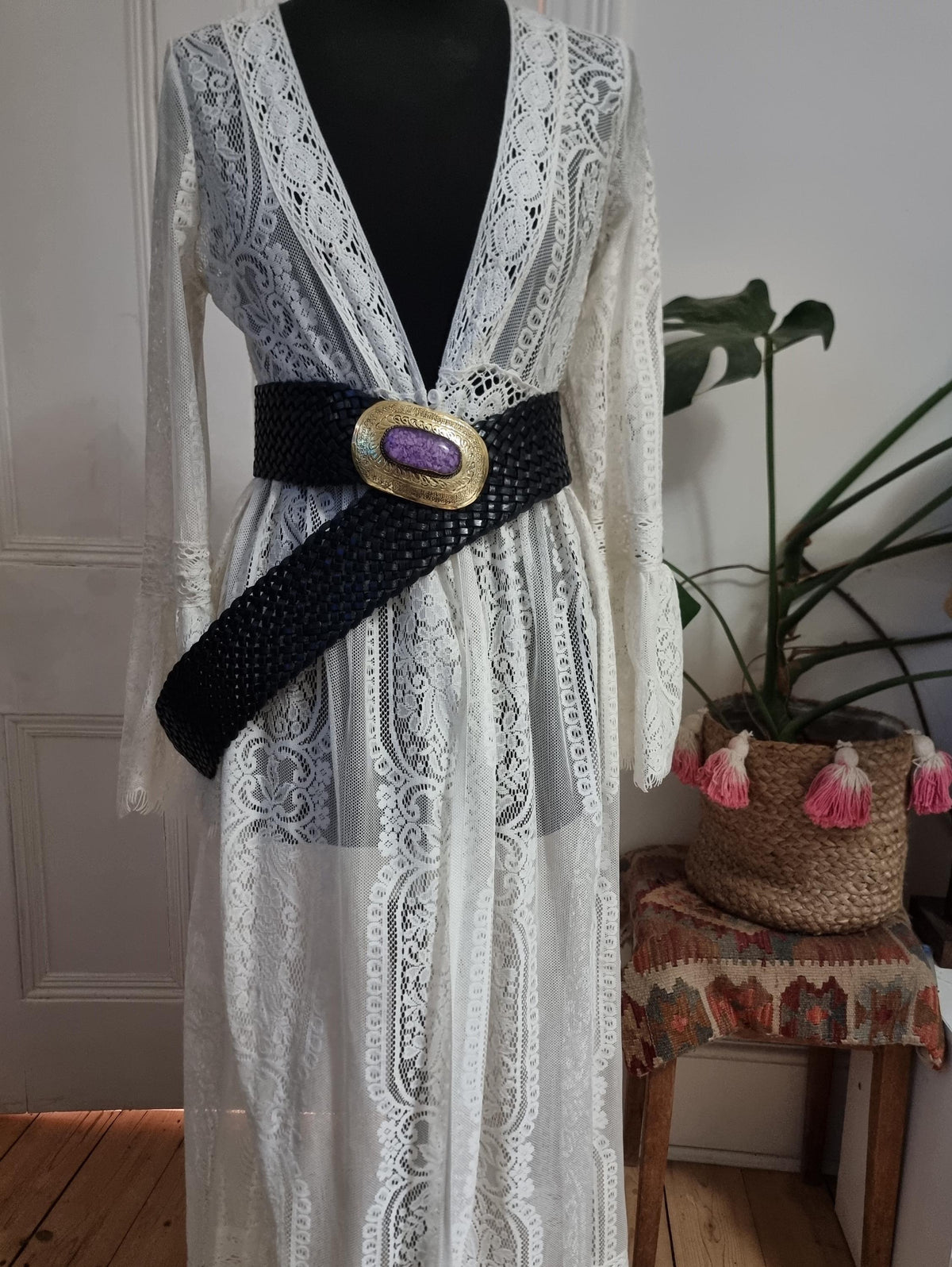 Braided Black Leather Belt: Western Silver Buckle, Boho Waist Belt