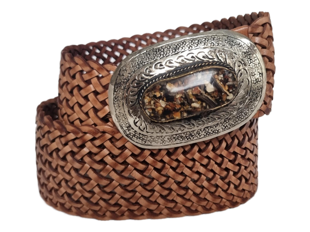 Wide Boho Leather Waist Belt: Engraved Silver Buckle, Brown Stone