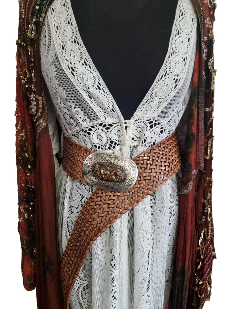 Wide Boho Leather Waist Belt: Engraved Silver Buckle, Brown Stone