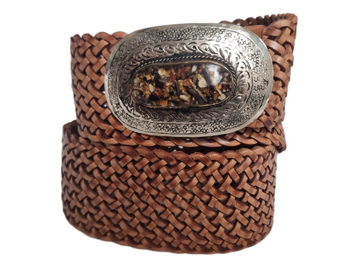 Wide Boho Leather Waist Belt: Engraved Silver Buckle, Brown Stone