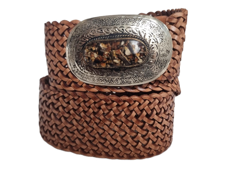 Wide Boho Leather Waist Belt: Engraved Silver Buckle, Brown Stone