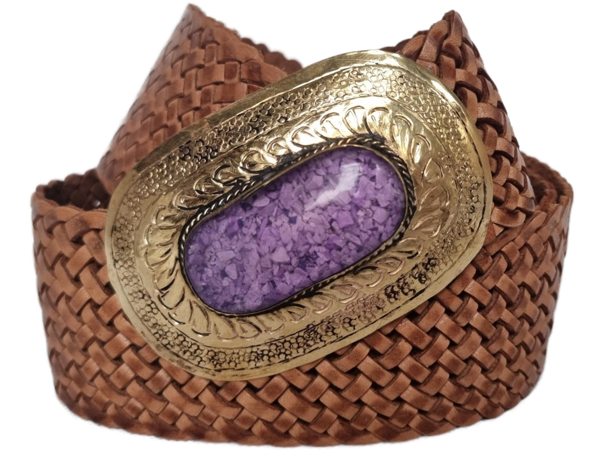 Wide Boho Leather Waist Belt: Engraved Gold Buckle, Purple Stone