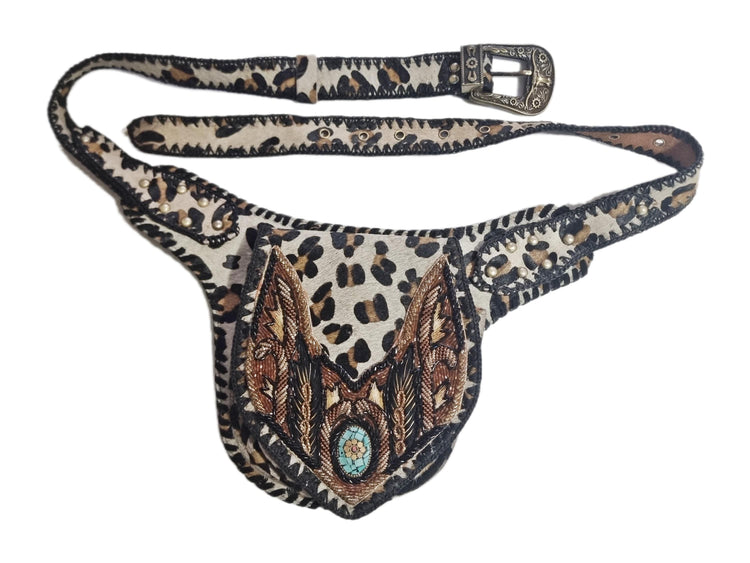 Leopard Cowhide Leather Bum Bag, Boho Western Belt Bag, Turquoise Stone Festival Fanny Pack, Cowgirl Crossbody Waist Bag