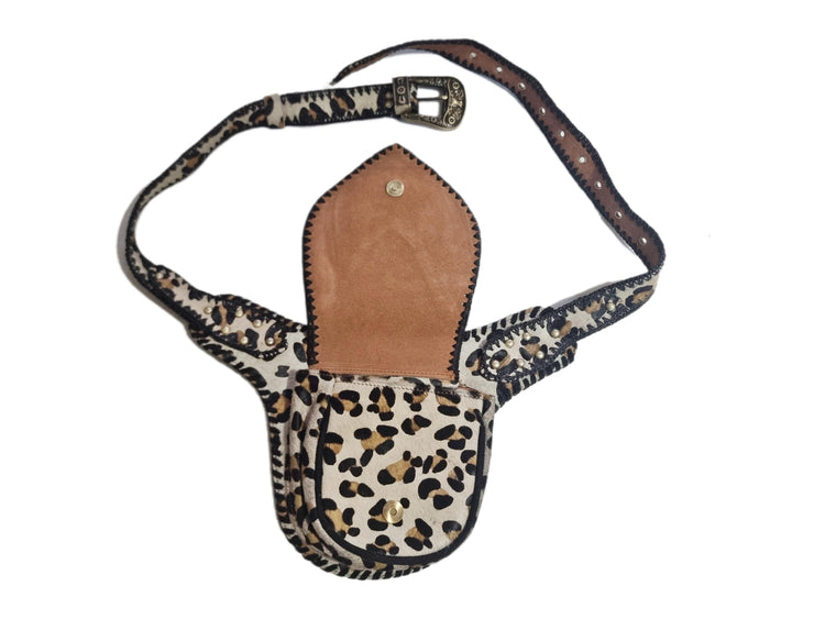 Leopard Cowhide Leather Bum Bag, Boho Western Belt Bag, Turquoise Stone Festival Fanny Pack, Cowgirl Crossbody Waist Bag