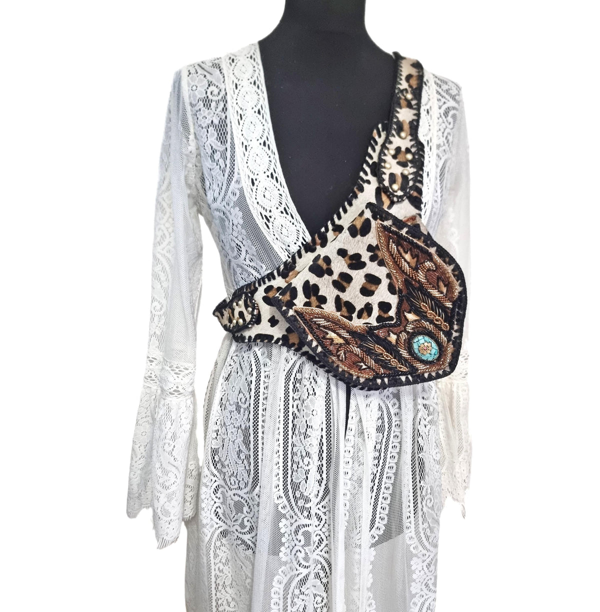 Leopard Cowhide Leather Bum Bag, Boho Western Belt Bag, Turquoise Stone Festival Fanny Pack, Cowgirl Crossbody Waist Bag