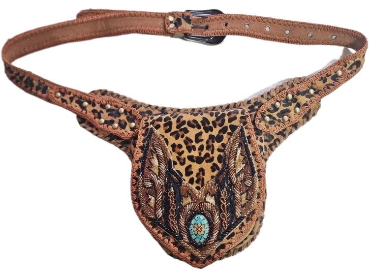 Beaded Leopard Cowhide Fanny Pack: Western Turquoise Buckle Belt Bag