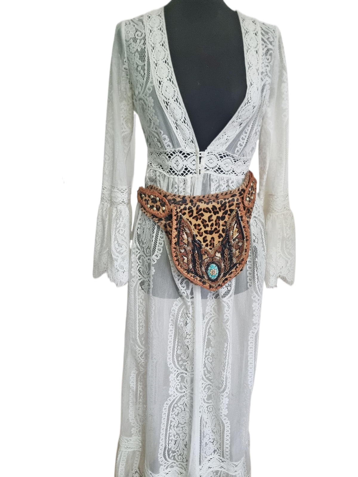 Beaded Leopard Cowhide Fanny Pack: Western Turquoise Buckle Belt Bag