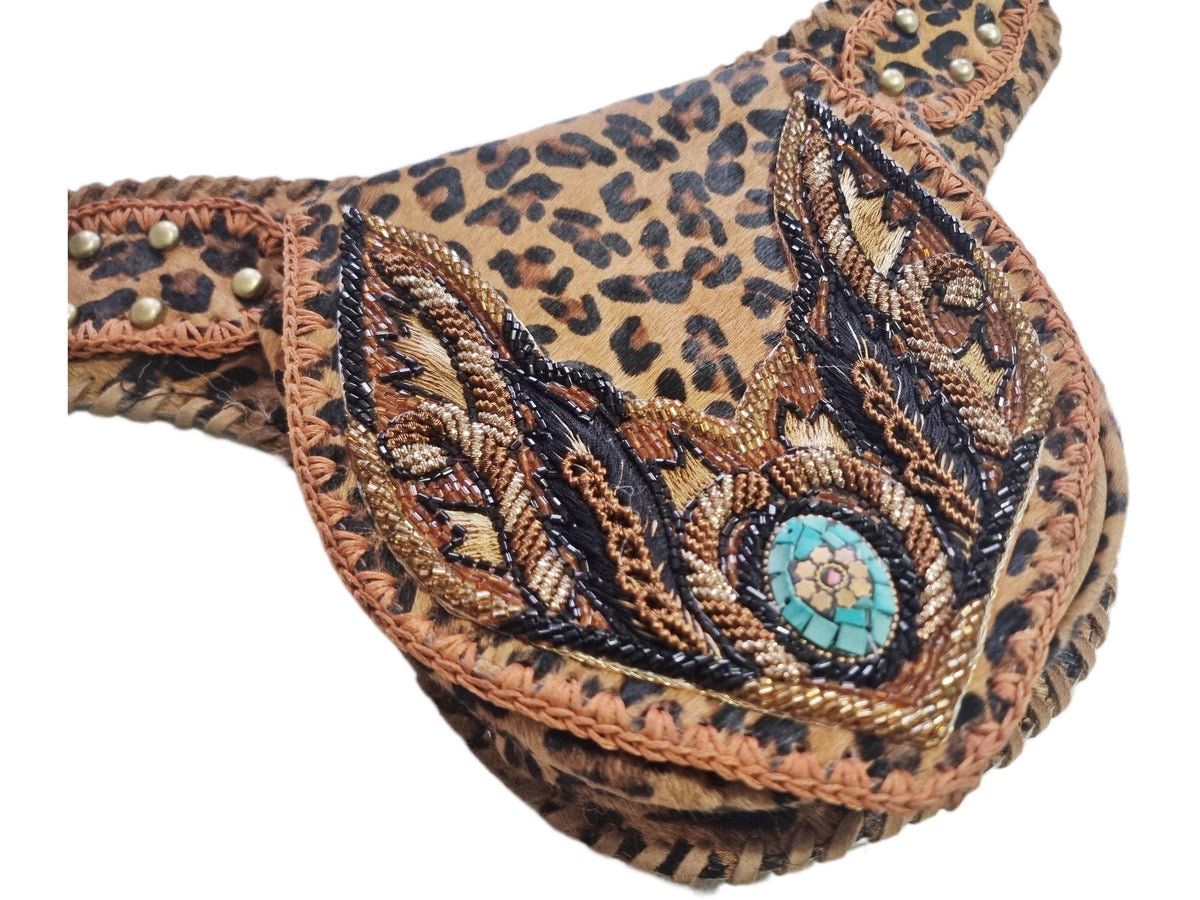 Beaded Leopard Cowhide Fanny Pack: Western Turquoise Buckle Belt Bag