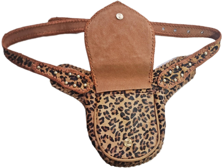 Beaded Leopard Cowhide Fanny Pack: Western Turquoise Buckle Belt Bag