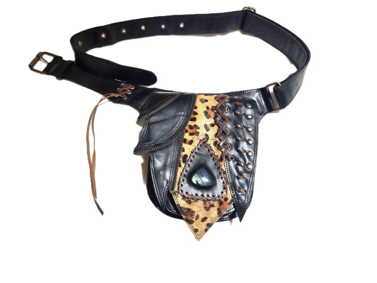 Steampunk Leather Festival Bum Bag: Leopard Cowhide Hip Belt with Labradorite