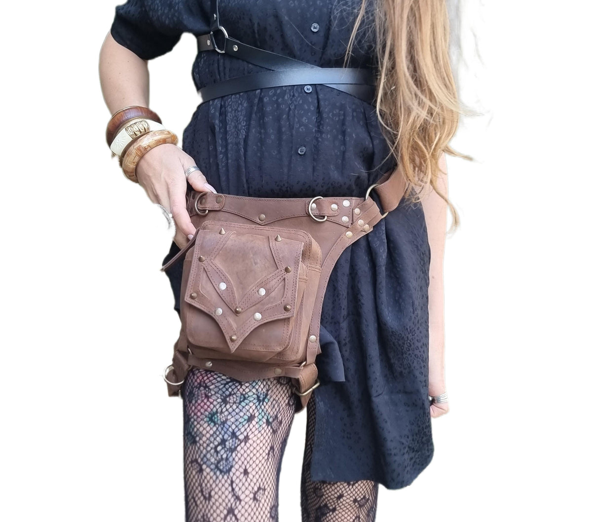 Handmade Leather Fanny Pack with Leg Strap: Steampunk Biker Bag