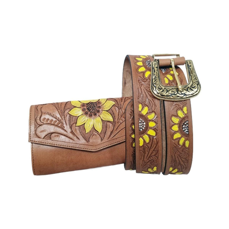 Sunflower Leather Gift Set for Women | Hippie Wallet & Western Belt Set | Boho Cowgirl Accessories | Floral Tooled Leather Belt